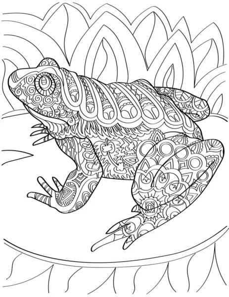 Большая жаба на воде Лили глядя в сторону бесцветной линии рисунок. Огромная лягушка-бык покоится на растении в пруду. — стоковый вектор