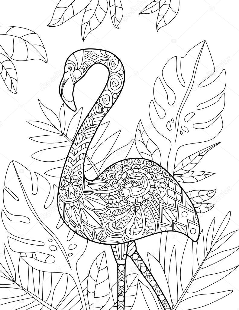 Vettoriale stockFenicottero in piedi con sfondo foglia disegno linea  incolore. Bella cigno stand in fioritura foglie da colorare Book Page. di  ©nialowwa #495238132, image size:791x1024