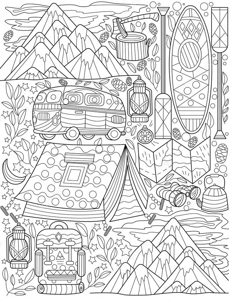 Outdoor Camping Doodle Mountains Small Bus Lamps Canoe Colorless Line Drawing. Nature Exploration Doodling Tent Lamps Boat Map Flashlights Hills Coloring Book Page.
