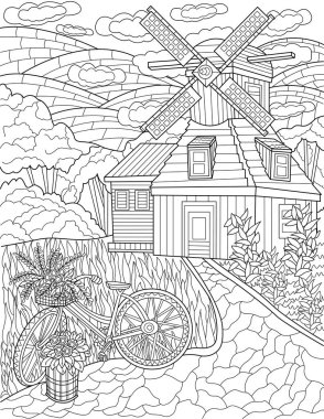 Classic Farm House With Wind Mill Beside A Bike With Hills Background Colorless Line Drawing. Old House In Farming Fields Surrounded By Grass Coloring Book Page. clipart