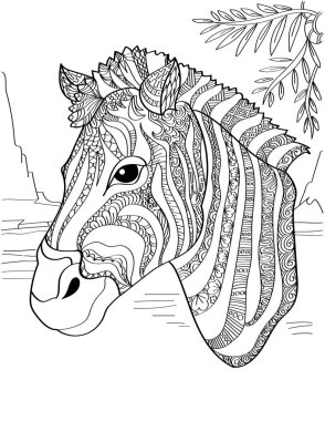 Zebra Kafası, Renksiz Çizginin Üzerindeki Yapraklarla yan yana. Çizgili desenli At Yan Yüzü Renklendirme Kitabı Sayfası.