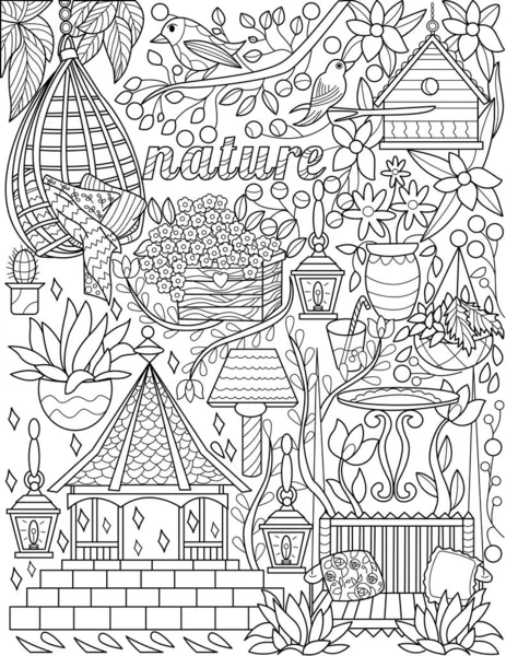 Outdoor Meubilair Gazebo Hangende stoel Doodle Kleurloze lijn tekenen. Natuur Doodling Vogels Bladeren Bloemen Tuin Stoelen Paviljoen Kleurplaten. — Stockvector