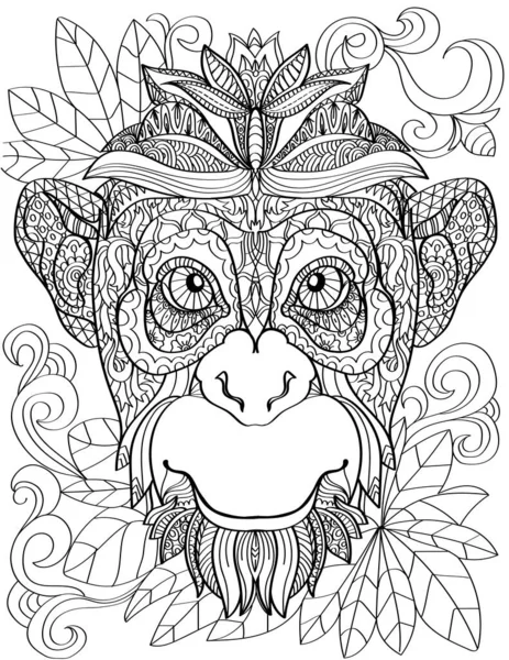 Πίθηκος κεφάλι αντιμετωπίζει μπροστά με φύλλα φόντο άχρωμο σχέδιο γραμμή. Μεγάλο πρόσωπο χιμπατζή κοιτάζοντας προς τα εμπρός χρωματισμός σελίδα του βιβλίου. — Διανυσματικό Αρχείο