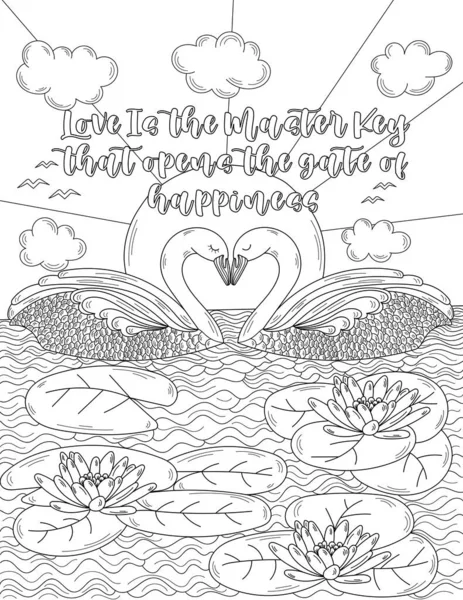 Два лебедя в пруду с водяными лилиями, соединяющими головные облака, рисуют бесцветные линии. Птицы плавают в книжной раскраске озера. — стоковый вектор