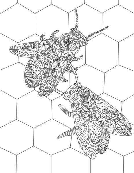 Deux abeilles sur une ruche Rassemblement miel dessin ligne incolore. Bourdons à l'intérieur d'une ruche Collecter des aliments nid d'abeilles ligne incolore dessin. — Image vectorielle