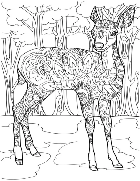 ( 영어 ) Alert Deer Standing in The Middle of the Forest colorless Line Drawing - 인터넷 영화 데이터베이스. 숲 속 의서적에 나오는 아름다운 작은 도인 자국. — 스톡 벡터
