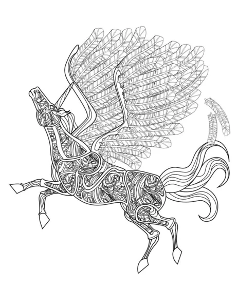 Hermoso unicornio con alas abiertas volando incoloro dibujo de línea. Mythical Horned Pegasus Plumas Moscas para colorear página del libro. — Archivo Imágenes Vectoriales