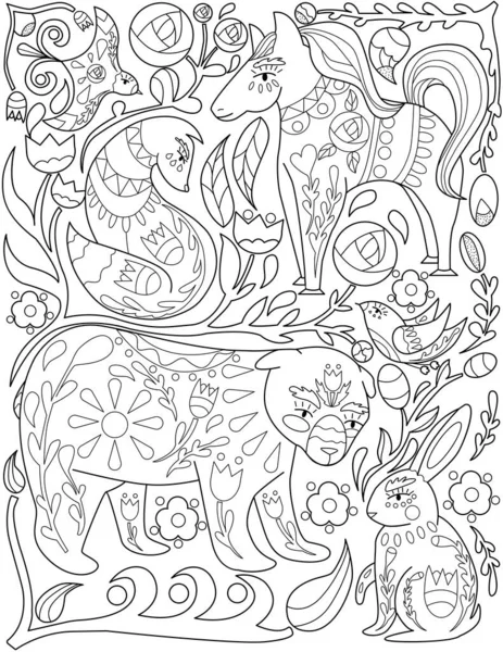 Различные животные Fox Bird Hare Dog Fox Horse Colorless Line Рисование. Множественные существа дикой природы Кроличьи Птицы Собаки Книга раскраски. — стоковый вектор