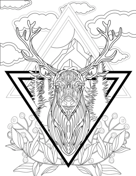 Elk With Large Horns Facing Forward In Triangular Shapes Clouds Leaves Background Colorless Line Drawing. Animal With Antlers Front View Coloring Book Page. — Stock Vector