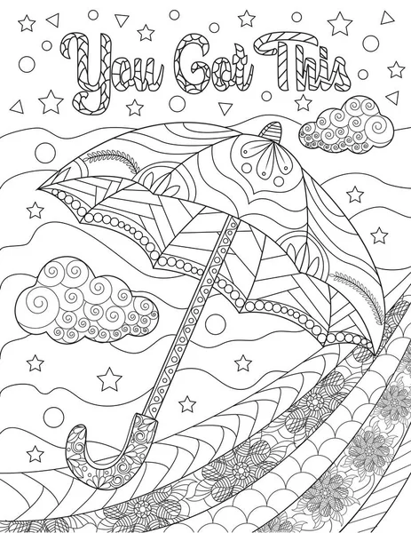 Плавающий зонтик с облаками Звезды Бесцветная линия Рисование. Парсол плывет в небо с вдохновляющим сообщением, что у вас есть эта книжная раскраска. — стоковый вектор