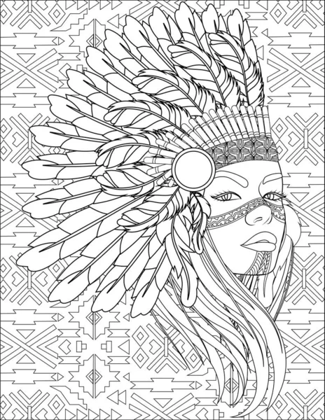 Mulher nativa com cobertura para a cabeça de penas Side Looking Colorless Line Drawing. Lady With Eagle War Bonnets Colorir Página do livro. —  Vetores de Stock