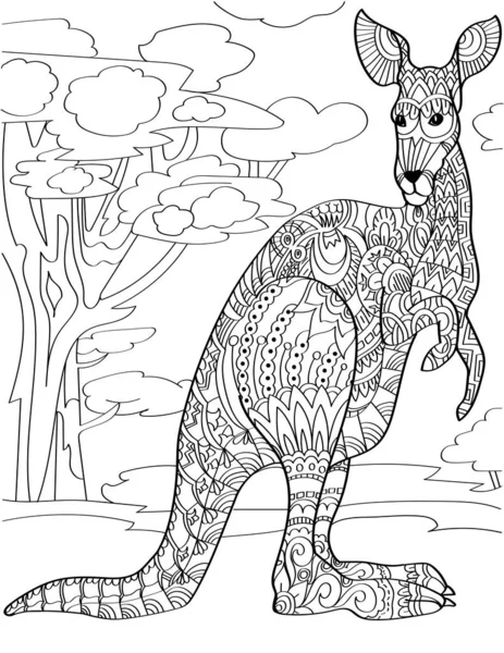 Любопытный кенгуру стоит с высоким деревом фон бесцветной линии рисования. Macropod стоит и смотрит в сторону со страницы книги раскраски леса. — стоковый вектор