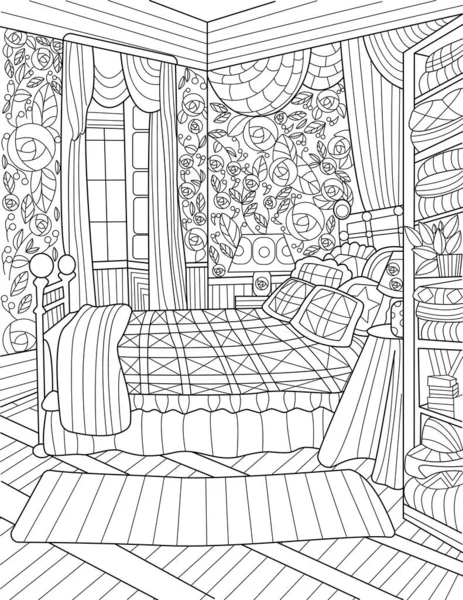 Chambre à coucher ligne incolore dessin grand lit ouvert fenêtres Side Table longs rideaux. Chambre à coucher avec fleuri papier peint grand Cabinet Coloriage Livre Page. — Image vectorielle