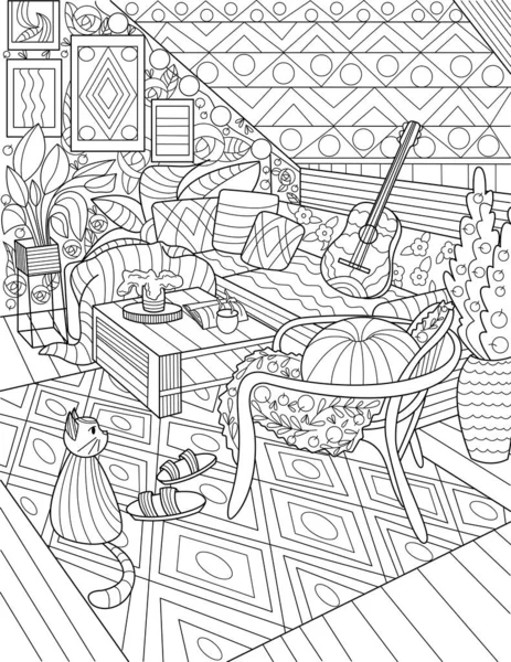 Casa Living Line Dibujo Con Sillas Centro Mesa Sofá Guitarra Plantas Gato Alfombra. Página de inicio Área común con muebles para colorear libro página. — Archivo Imágenes Vectoriales