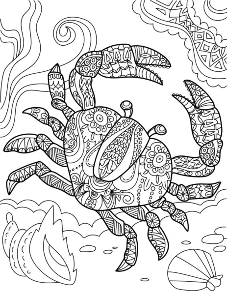 Large Crab Top View Underwater Surrounded By Sea Shells Colorless Line Drawing. Big Decapod Submerged In Ocean Coloring Book Page. — Stock Vector