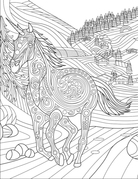 Unicorn Running Away Form Village with Large Trees Colorless Line Drawing (dalam bahasa Inggris). Mythical Horned Horse Runs Out Of Town Dengan Halaman Buku Pewarnaan Latar Belakang Hutan. - Stok Vektor