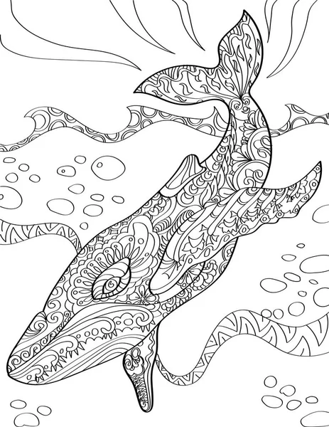 Nagy bálna búvárkodás mélyen a tengerbe Színtelen vonal rajz. Hatalmas vízi lények merülések alatt óceán nagy hullámok színező könyv oldal. — Stock Vector