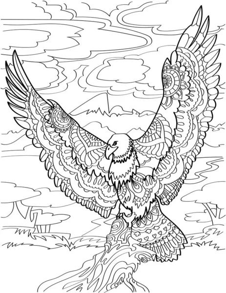 Flying Eagle With Wings Wide Open Carrying Dead Fish With Cloudy Background Colorless Line Drawing. Large Bird Carrying Food Coloring Book Page. — Stock Vector