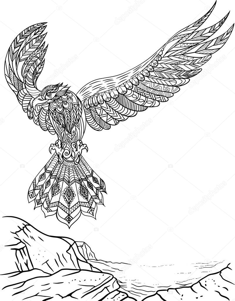 Falcon Facing Forward With Wings Wide Open Flying Off A Cliff Colorless Line Drawing. Beautiful Eagle Spreading Feather Coloring Book Page.
