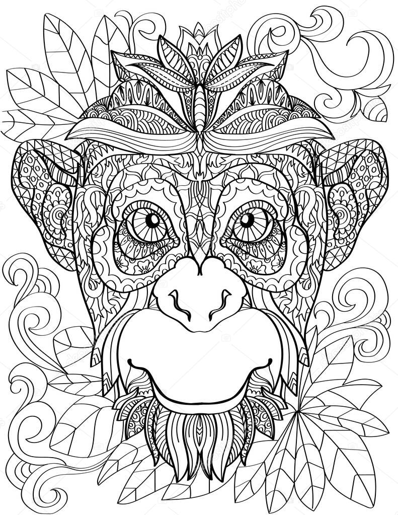 Monkey Head Facing Front With Leaves Background Colorless Line Drawing. Large Chimpanzee Face Looking Forward Coloring Book Page.