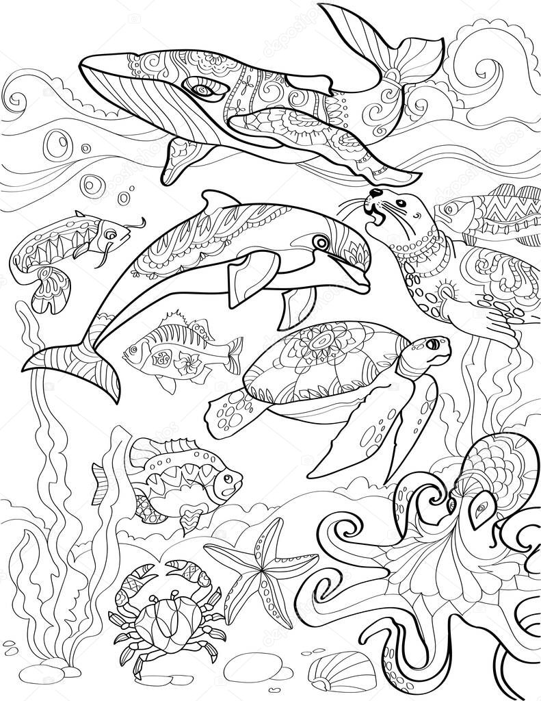 Underwater Sea With Different Aquatic Creatures Swimming Colorless Line Drawing. Ocean Animals Whale Dolphin Crab Seal Octopus Turtle Coloring Book Page.