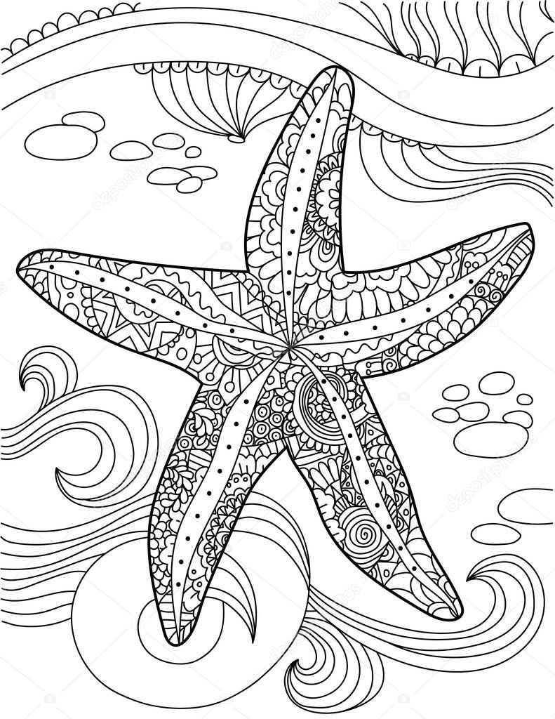 Large Starfish Top View Under Water With Ocean Waves Colorless Line Drawing. Huge Sea Star Below Water Coloring Book Page.