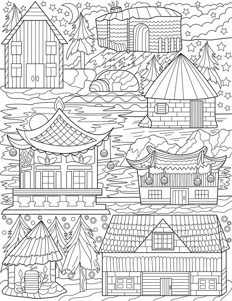 Different Nations Old House Designs Colorless Line Drawins. Multiple Classical National Houses Design Coloring Book Page.