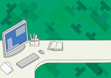 Ofis Masası Bilgisayar Kalemi Tutuculu Çizim ve Düzenlenmiş Boş Not Defteri. Tablo Üst Tasarım Klavyesi ve Kalem Boşaltma Notları Yığını İzle.