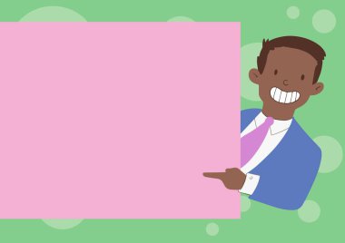 Mutlu Takım Elbiseli Adam Yeni Mesaj Gösteren Boş İşaret Kağıdı Çiziyor. Neşeli İşadamı Boş İleti Panelini Parmakla Gösteriyor.