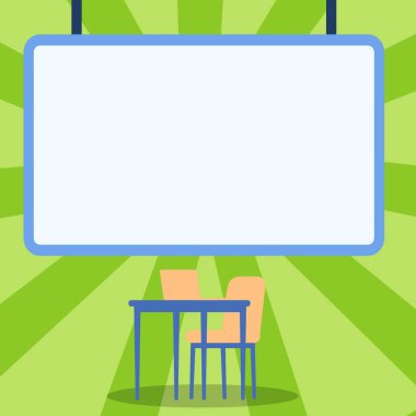 Masanın üstüne dizüstü bilgisayarlı boş çizim tahtası ve sandalye. Bilgisayar Masası ve Boş Yazma Alanını Gösteren Koltuk Boş Tahta Tasarımı.