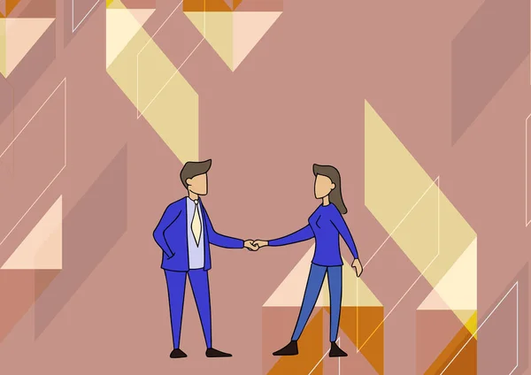 Mężczyzna i kobieta rysujący twarzą do siebie trzymający się za ręce. Bizneswoman i Businessman Design Hand Hold Looking Forward Pokaż umowy. — Wektor stockowy