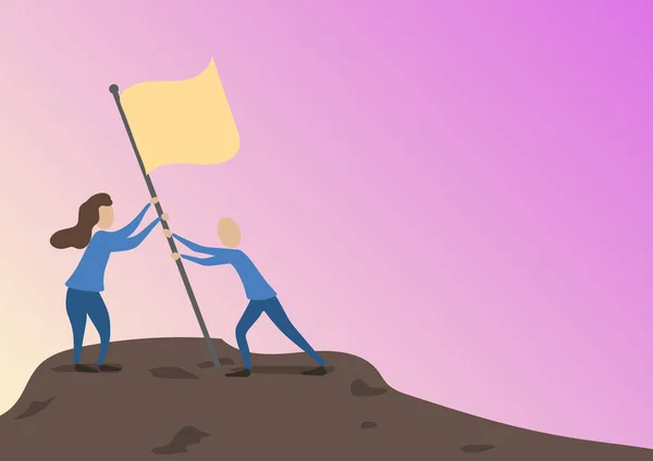 Homem e mulher a desenhar em pé a armar uma bandeira no pico da montanha. Colegas Design Sticking Banner Pole Hill Top Mostrando Objetivos Alcançados Através do Trabalho em Equipe. —  Vetores de Stock