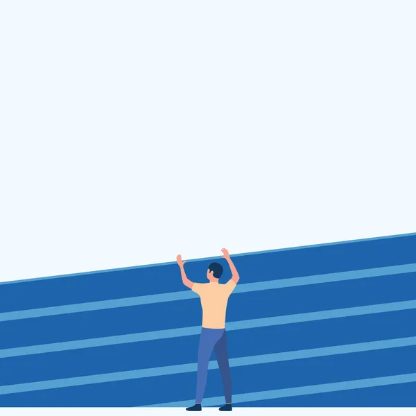 Homme athlétique dessinant debout sur l'hippodrome levant les deux mains. Gentleman Design se tient sur les pistes de course avec la main levée montrant la célébration. — Image vectorielle