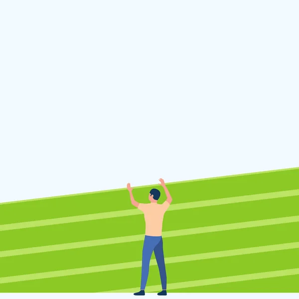 Homme athlétique dessinant debout sur l'hippodrome levant les deux mains. Gentleman Design se tient sur les pistes de course avec la main levée montrant la célébration. — Image vectorielle