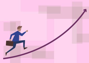 İşadamı yukarı doğru koşan ok işaretli evrak çantası çiziyor. Centilmen Tasarım İleriye Sürat Çantası Gösterge Yukarı Gidiyor.