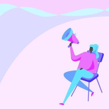 Çapraz Bacak Üzerinde Oturan Megafon Tutan Kadın. Bayan Tasarım Yükselen Megafon Ses Aygıtı Sıraya Oturuyor.