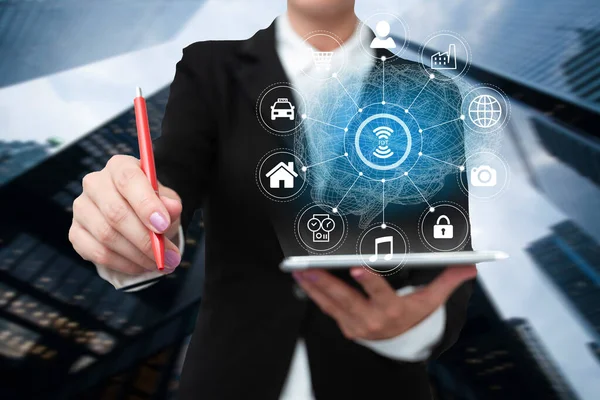 Lady In Uniform Standing Holding Tablet And Virtually Typing With Pen. Business Woman Carrying Pad Typing And Displaying New Futuristic Technologies. — Stock Photo, Image