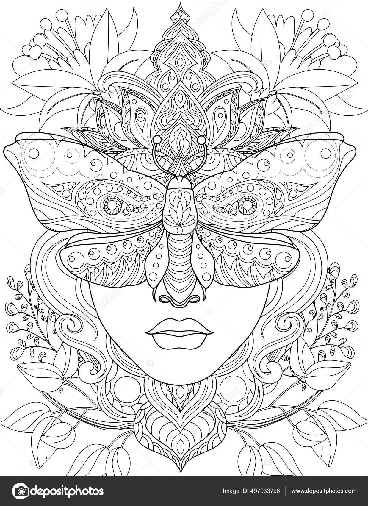 Frauenkopf vor Augen, bedeckt mit einer mottenfarblosen Linienzeichnung.  Dame mit Krone Schmetterling bedeckt Vision Malbuch Seite. Stock-Vektorbild  von ©nialowwa 497933726, image size:1237x1700