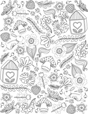 Doğa Çiçek Bitkileri Hayvanları Renksiz Çizgi Çizimi. Karalama Sanatı Meyveleri Mantar Yaprakları Taç Evi Böcekleri Boyama Kitabı Sayfası.