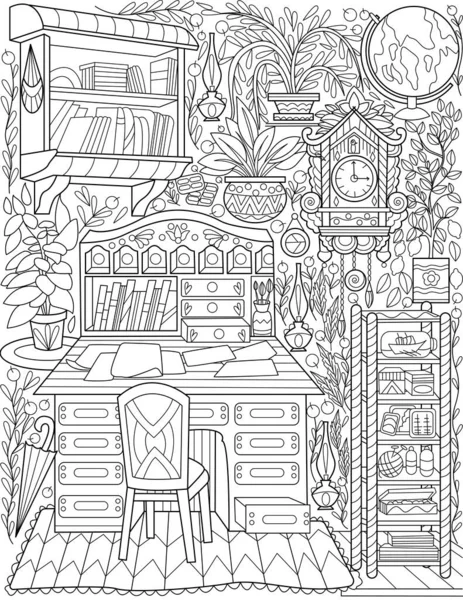 Studiezaal Doodle Line Drawing Desk Lade Klok Globe Books Planten. Tekening Home Office met tafelboeken Stand Klok Kleurboek Pagina. — Stockvector