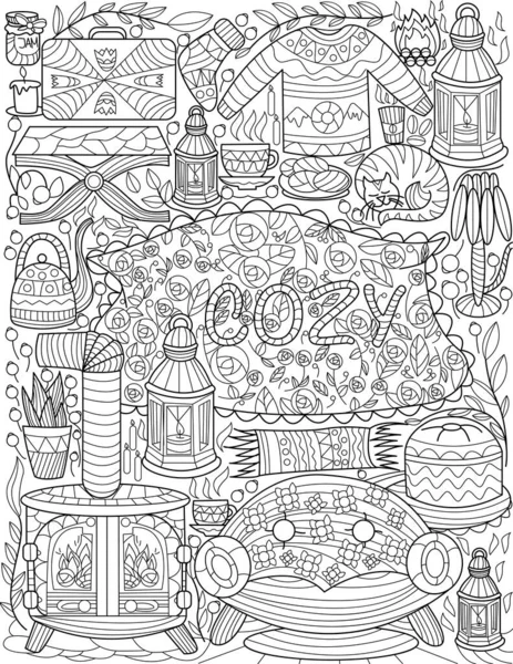 Muebles Doodle Set Lámparas de sofá Velas de mesa Cat Copas Dibujo de línea incoloro. Casa Interior Doodling con plantas para colorear página del libro. — Vector de stock