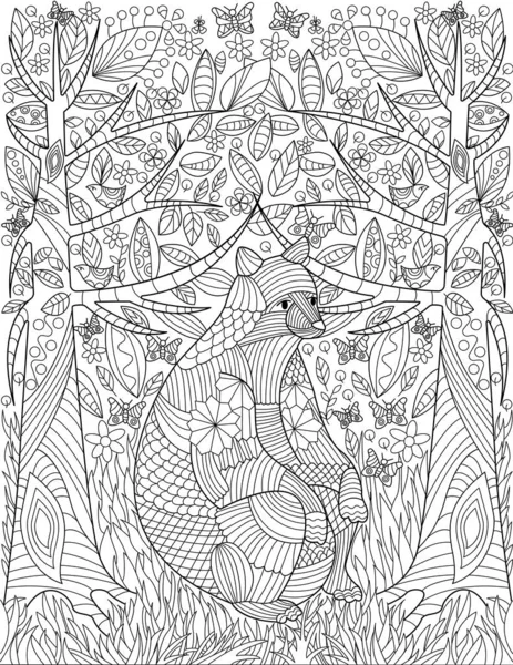 Большой грызун сидит между двумя деревьями на фоне леса с насекомыми, летающих бесцветной линии рисования. Лес с большой анимированной книжной раскраской. — стоковый вектор