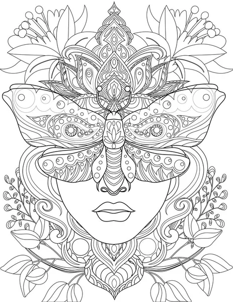 Głowa kobiety zwrócona przodem do oczu pokryta bezbarwnym rysunkiem linii. Lady with Crown Butterfly okładka Vision Coloring Book Page. — Wektor stockowy