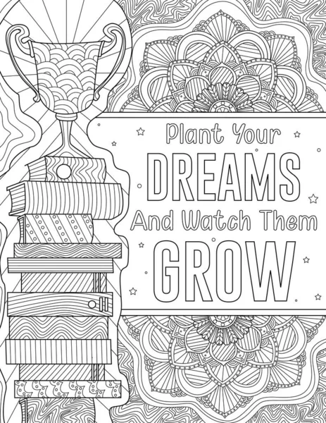 在无色的线条上画着一堆堆有奖杯的书.启发性的信息说植物你的梦想，看着它们成长为彩色的书页. — 图库矢量图片