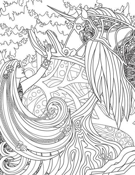 Lady Raising Hand en Eenhoorn staande tegenover elkaar met Forest Backgroun Line Drawing. Vrouw Lang Haar Proberen aan te raken Mythische Horned Horse Face Kleurplaat. — Stockvector