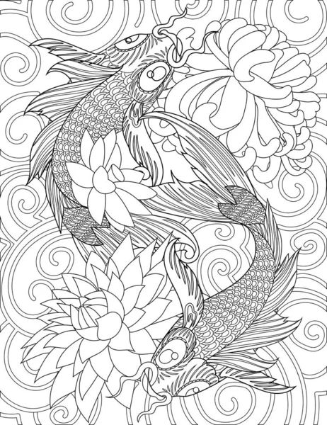 Dos peces Koi nadando alrededor de flores de loto dibujo de línea incolora. Carpa peces nada en el lago con flor flotante para colorear página del libro. — Vector de stock