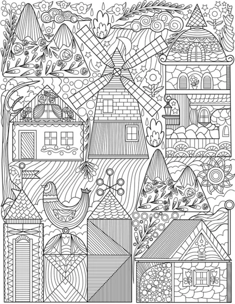 Old Town Doodle Wind Mill Houses Dibujo de línea incoloro. Classic Village Doodling Set altas torres casa molinos para colorear libro página. — Archivo Imágenes Vectoriales