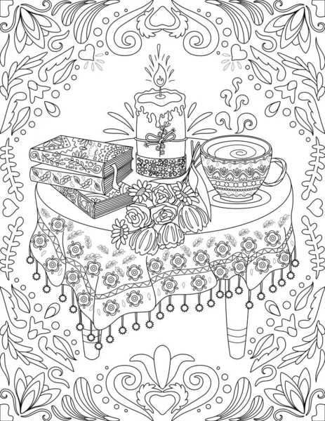 Mesa redonda com capa de pano Três livros Caneca de chá de vela grande Desenho de linha incolor. Mesa de jantar circular com revista Coffee Cup Coloring Book Page. —  Vetores de Stock