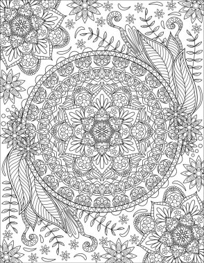 Kaleydoskop Simetrik Çiçek Sembolü Renksiz Çizim. Geometrik olarak Mandala Çiçeği Taç Yaprakları Renk Kitabı Sayfası.