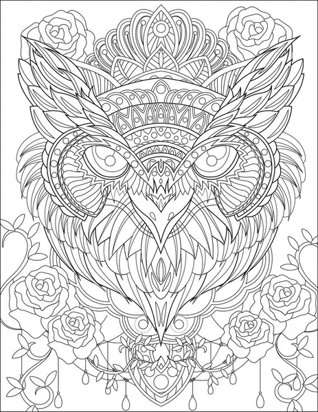 Primer plano cabeza de búho con corona que rodea Rose Flowers Vines Dibujo de línea incoloro. Nightowl con Tiara rodeada de flores mirando hacia adelante Página del libro para colorear. — Vector de stock